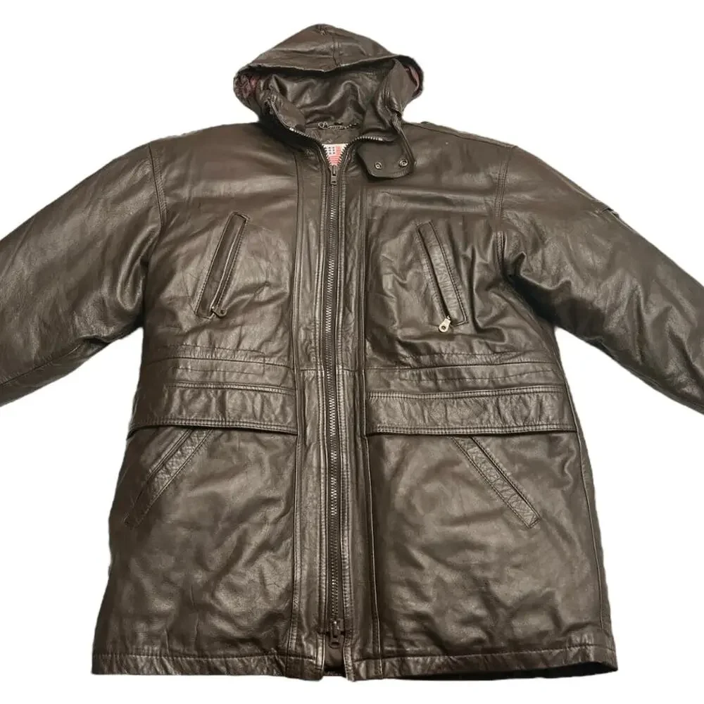Vintage All American Men's Brown Leather Down Long Hooded Zip Coat Size Large